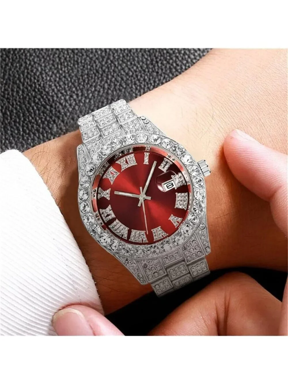 Men's Silver Red Analog Crystal Rhinestone Diamond Iced-Out Bracelet Wrist Watch